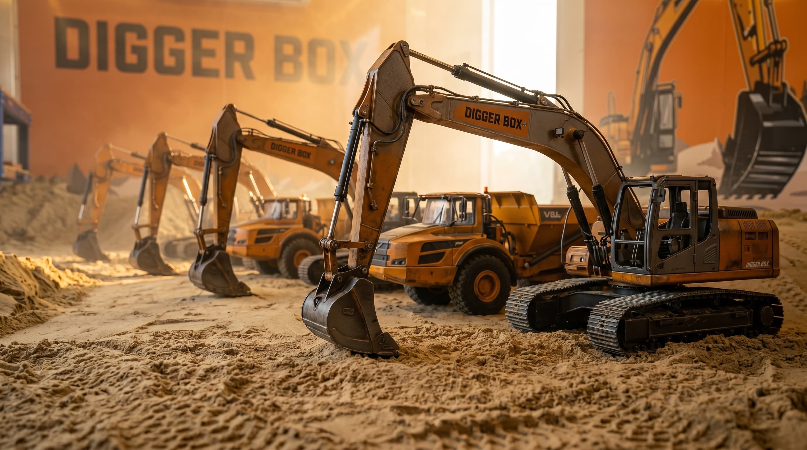 RC excavators and construction vehicles inside the Digger Box trailer