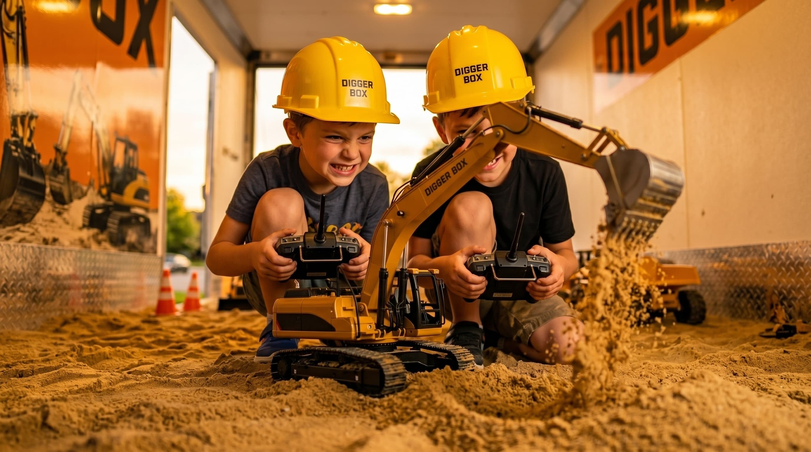 Kids operating RC excavators at a Digger Box party